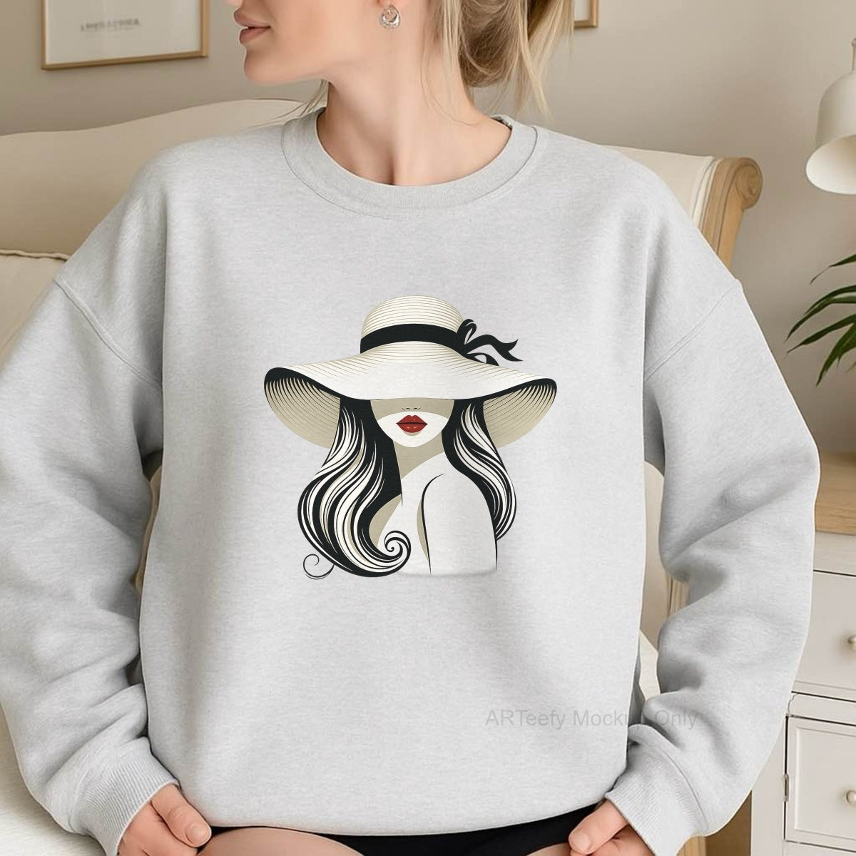 DTF Heat Transfer Iron On Sticker, Stylish Lady With Wide Brimmed Hat Graphic, For Fashion Forward Apparel And Chic Decor