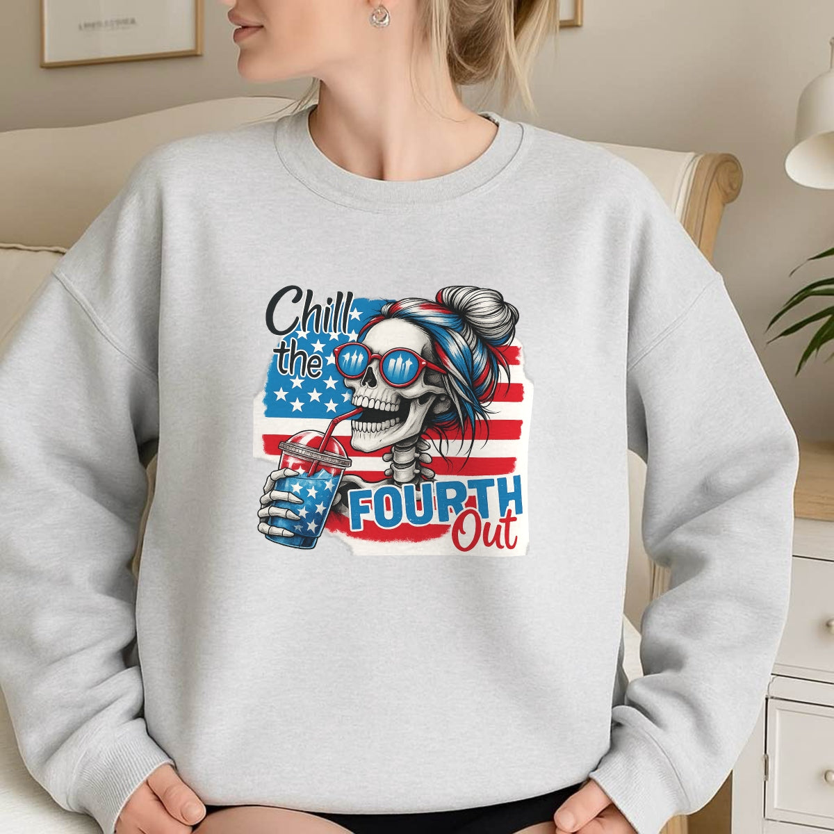 DTF Heat Transfer Iron On Sticker, Patriotic Skull Fourth of July Graphic, for Independence Day Apparel and Summer Celebration Merch