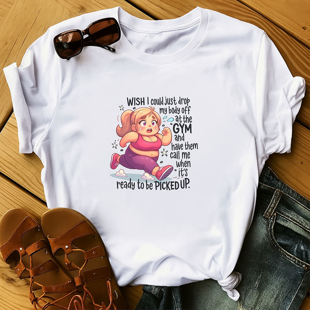DTF Heat Transfer Iron On Sticker, Funny Gym Workout Cartoon with Relatable Quote, for Fitness, Humor Apparel
