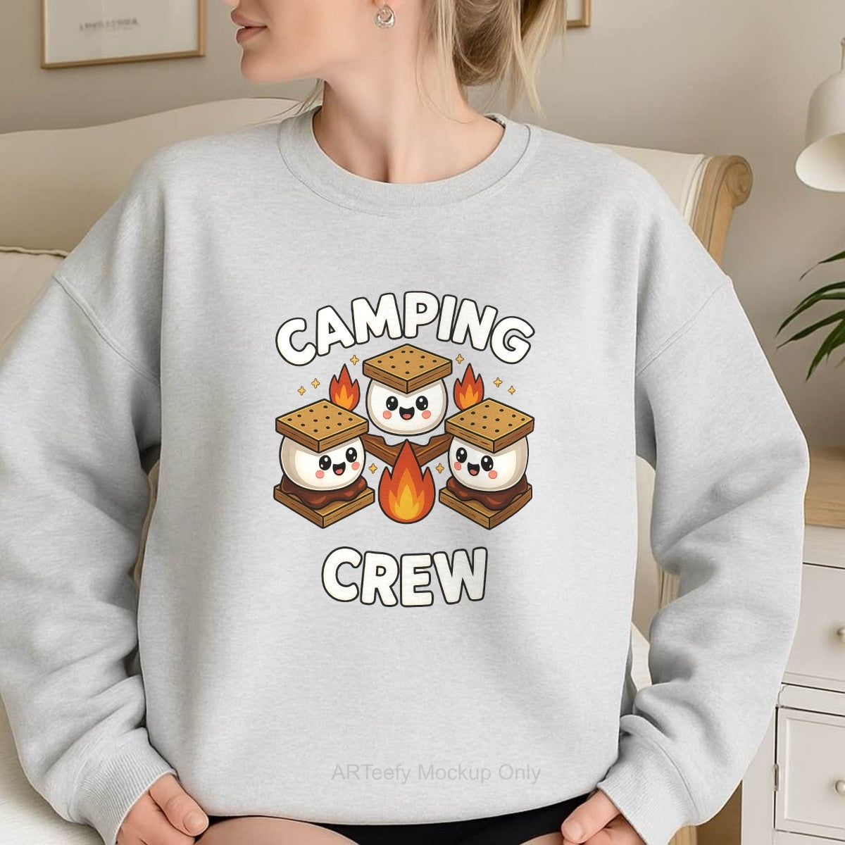 DTF Heat Transfer Iron On Sticker, Cute Camping S'mores & CAMPING CREW Text, For Outdoor Adventure Apparel And Camping Trips