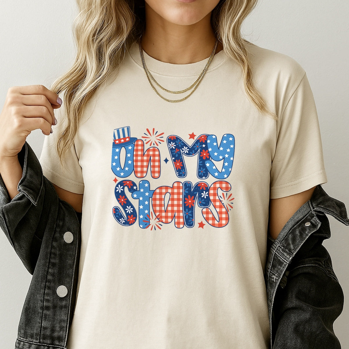 DTF Heat Transfer Iron On Sticker, Patriotic Oh My Stars Graphic, for 4th of July Apparel and Independence Day Decor