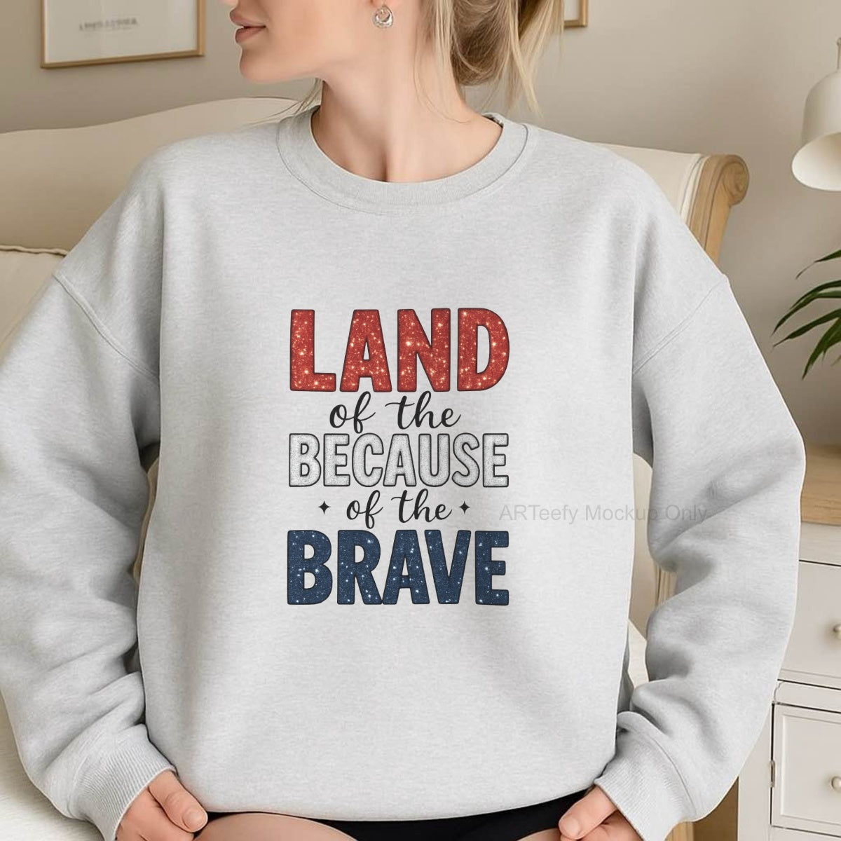DTF Heat Transfer Iron On Sticker, Patriotic  Themed Land of the Brave Glittery Graphic, For Patriotic Apparel And National Holiday Decor