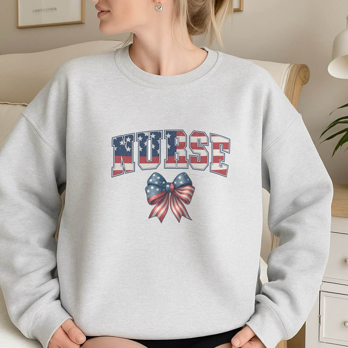 DTF Heat Transfer Iron On Sticker, Patriotic Nurse American Flag Bow Design, for Nurse Apparel and Patriotic Medical Merch