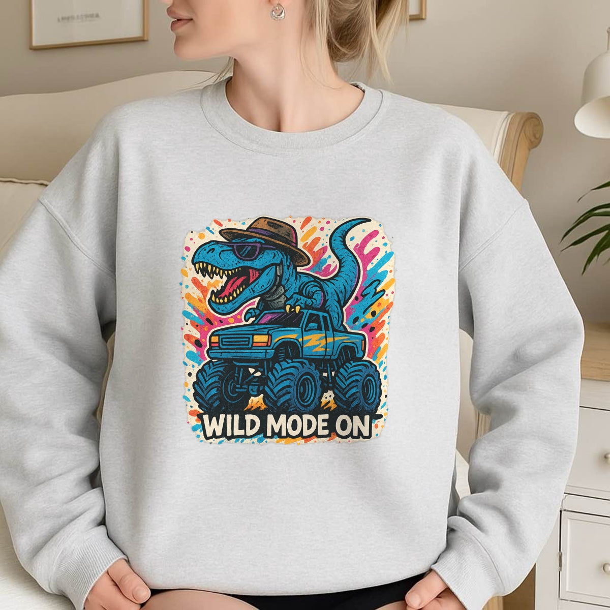 DTF Heat Transfer Iron On Sticker, Colorful Dinosaur Monster Truck Wild Mode Graphic, for Trendy Adventure Apparel and Funky Outdoor Merch
