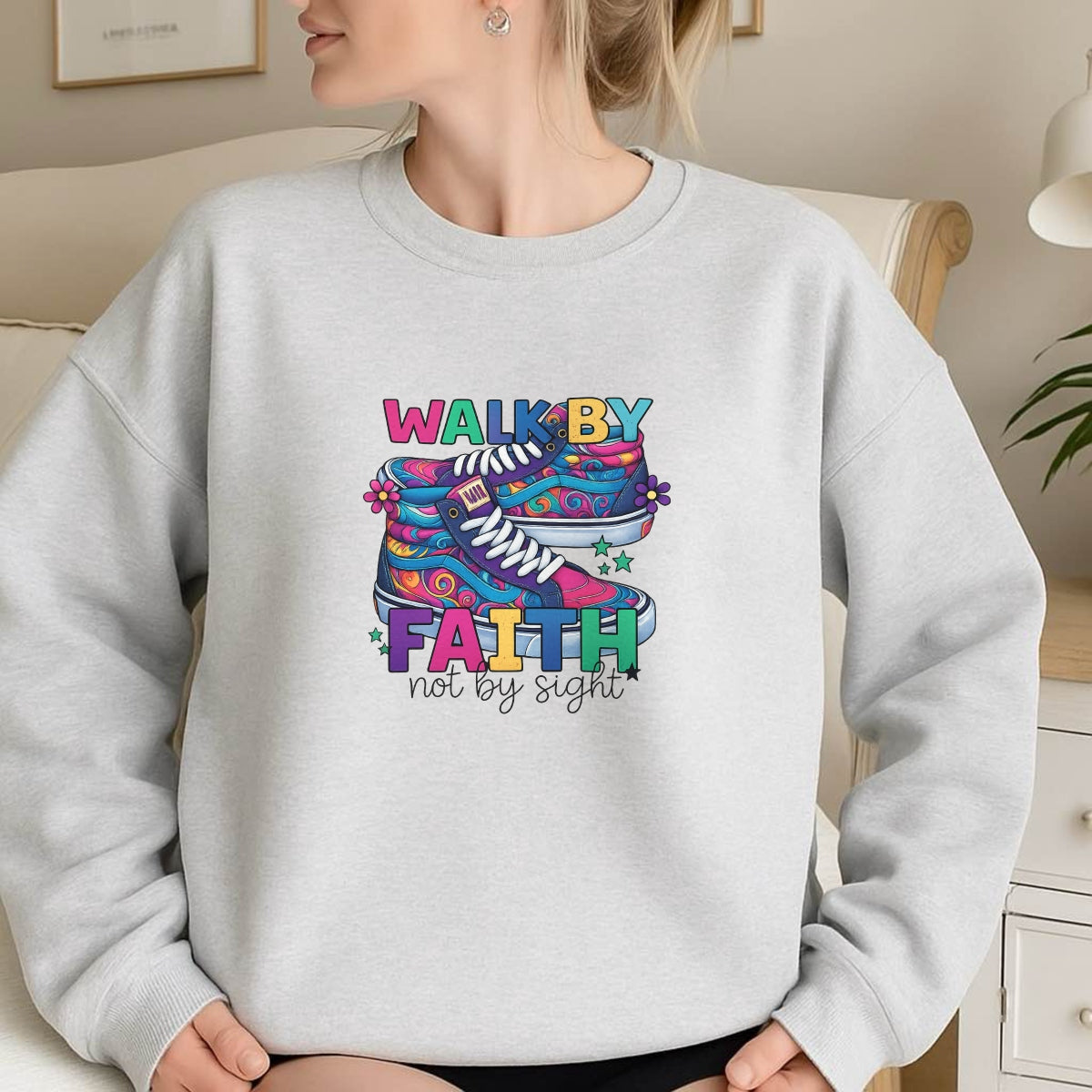 DTF Heat Transfer Iron On Sticker, Groovy Faith - Inspired Sneaker Graphic, for Spiritual Apparel and Fun Decor