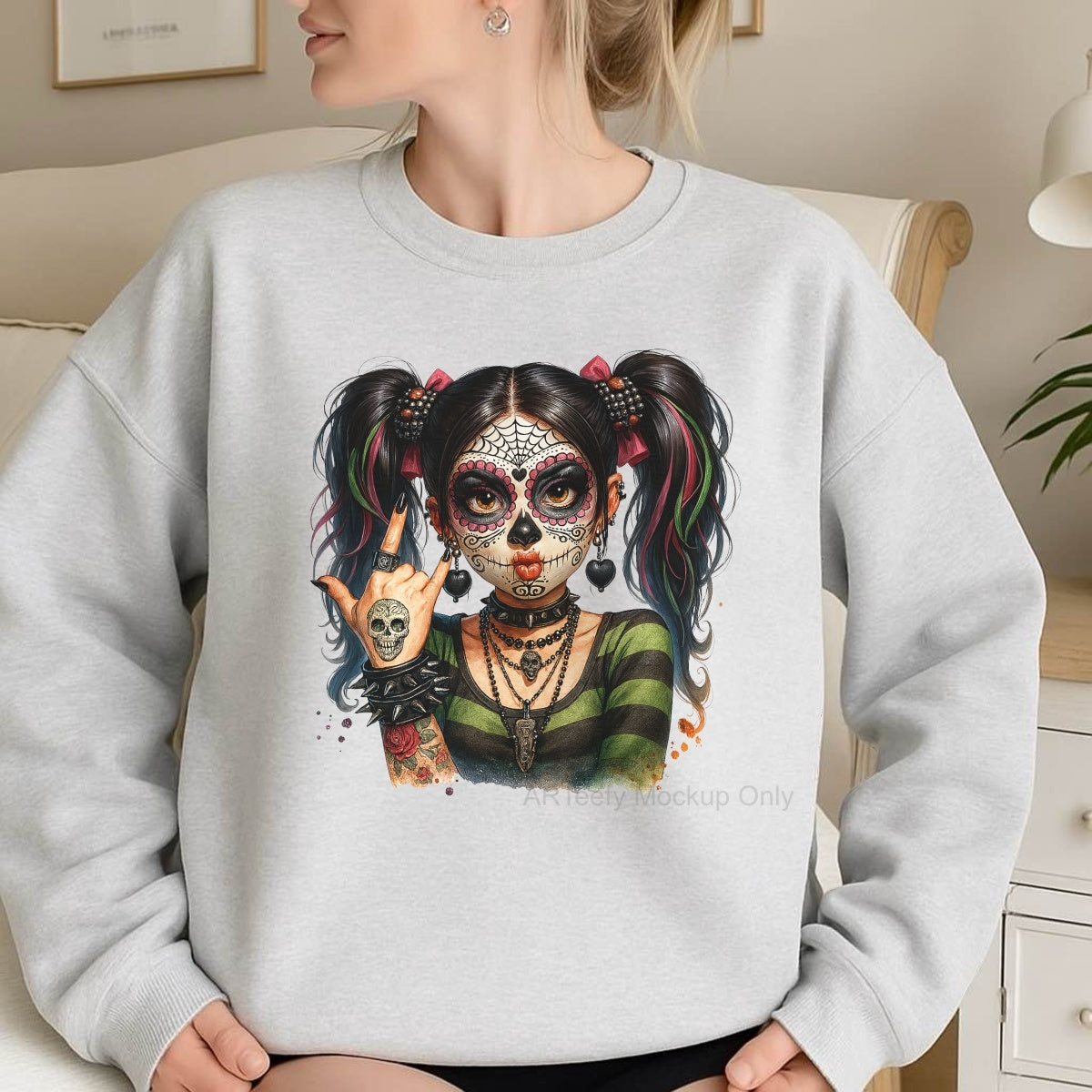 DTF Heat Transfer Iron On Sticker, Halloween Themed Stylish Sugar Skull Girl Elements, For Spooky Season Edgy Apparel and Halloween Party Decor