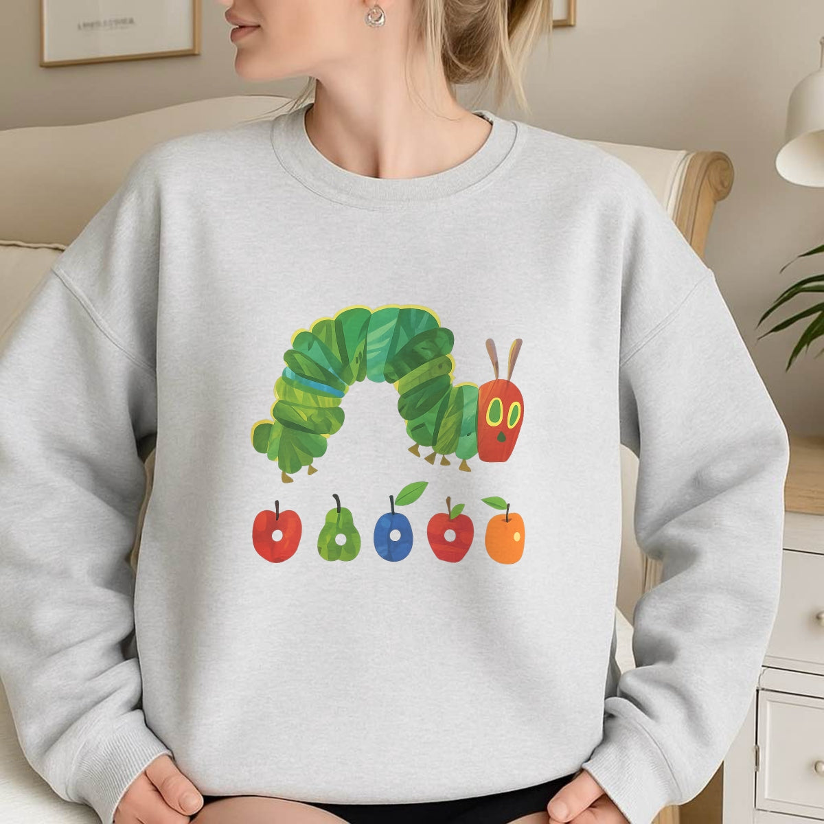 DTF Heat Transfer Iron On Sticker, Iconic Hungry Caterpillar & Fruit Graphic, for Retro Storybook Fashion & Literary Gifts