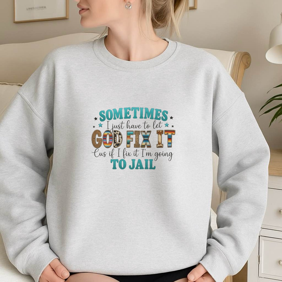 DTF Heat Transfer Iron On Sticker, Western - Style Humorous Faith Quote Graphic, for Funny Religious Apparel and Casual Decor