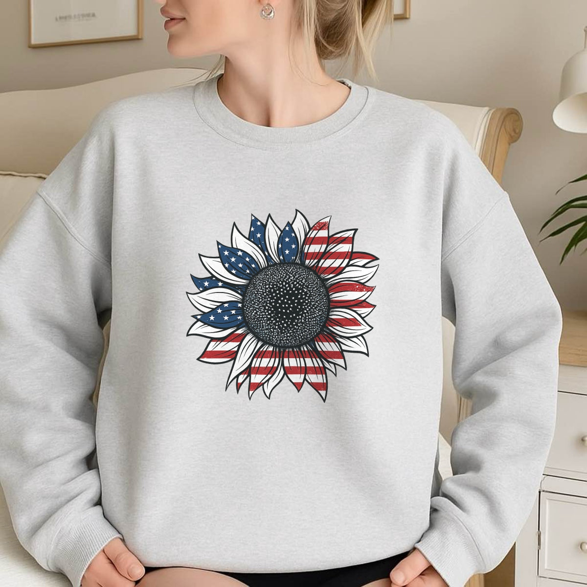 DTF Heat Transfer Iron On Sticker, Patriotic Sunflower with USA Flag Graphic, for American Themed Apparel and Festive Decor