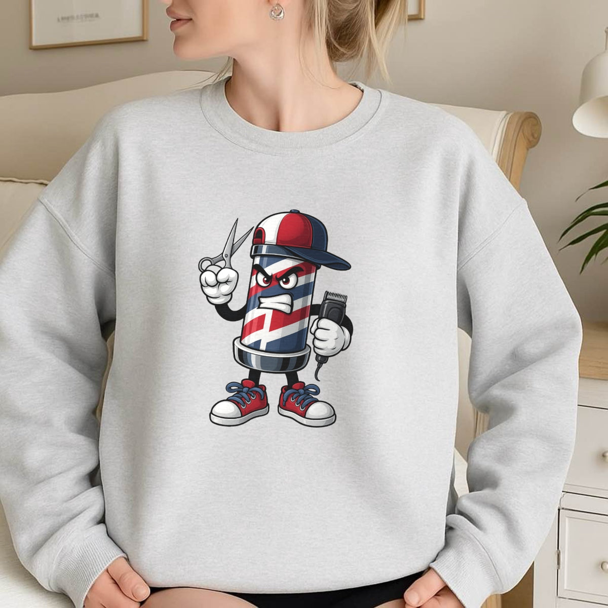 DTF Heat Transfer Iron On Sticker, Barber Pole Cartoon Character Graphic, for Barber Shop Apparel and Hairdresser Merch