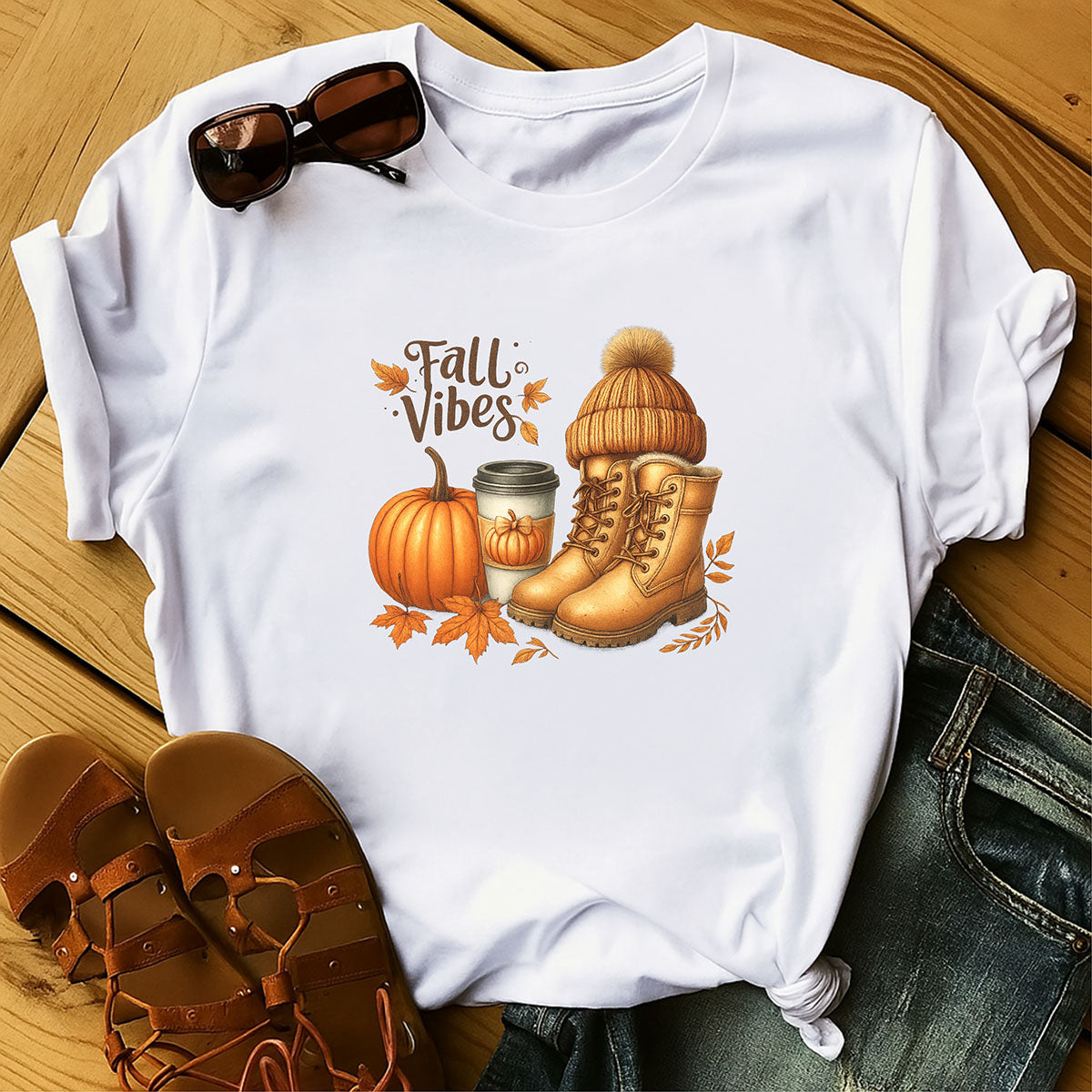 DTF Heat Transfer Iron On Sticker, Fall Vibes with Pumpkin, Boots & Coffee Design, for Autumn, Themed Apparel & Seasonal Decor