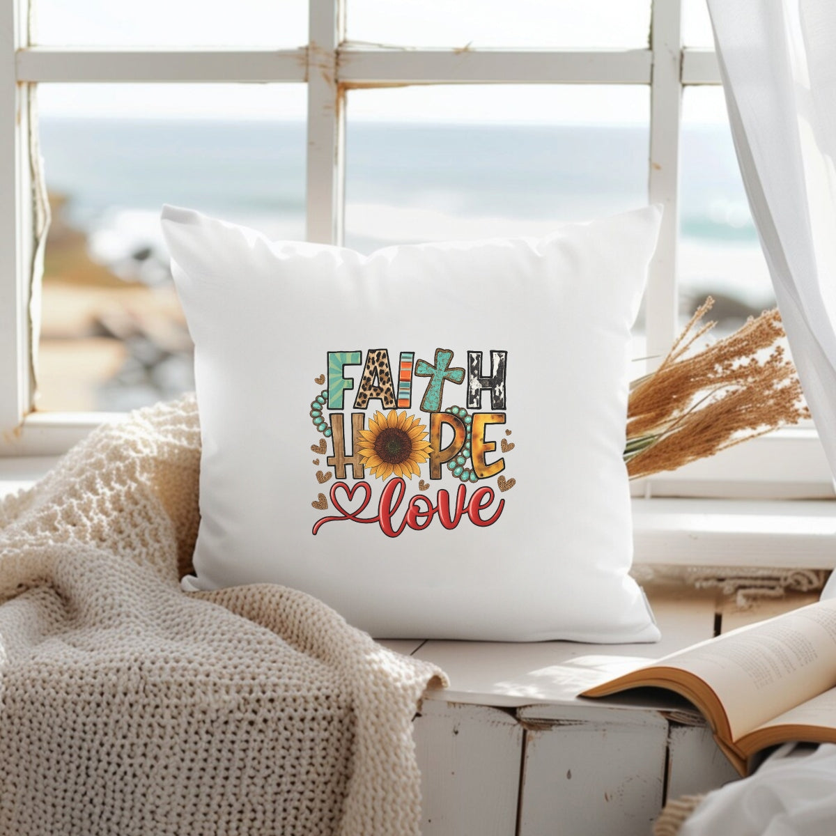 DTF Heat Transfer Iron On Sticker, Boho “Faith Hope Love” Graphic, for Spiritual Apparel and Cozy Decor