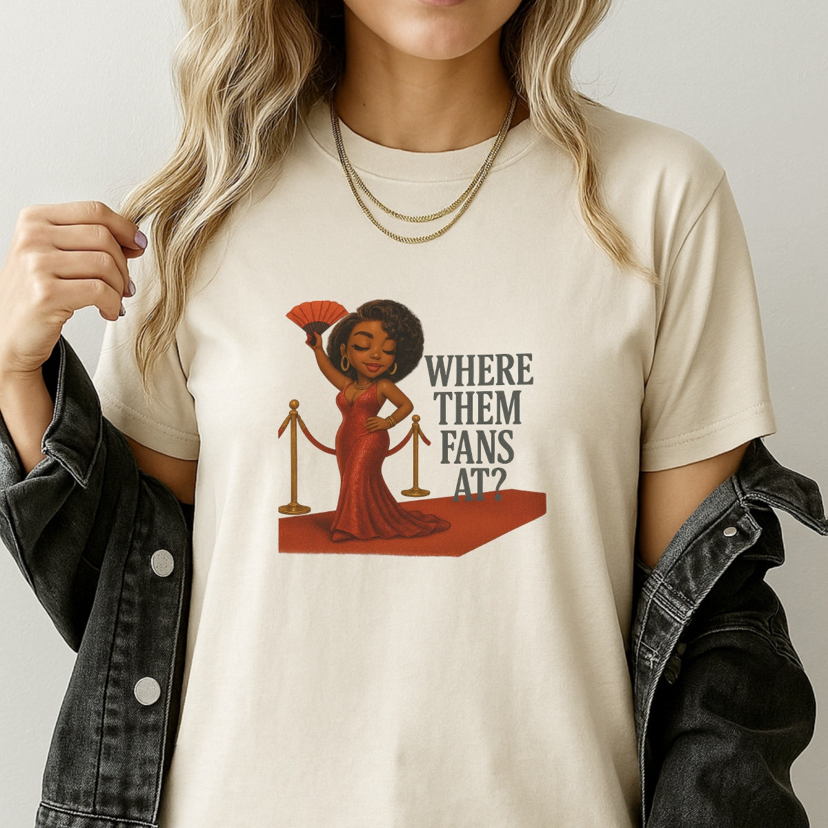 DTF Heat Transfer Iron On Sticker, Red Carpet Glam “Where Them Fans At?” Graphic, for Trendy Apparel and Event Themed Decor
