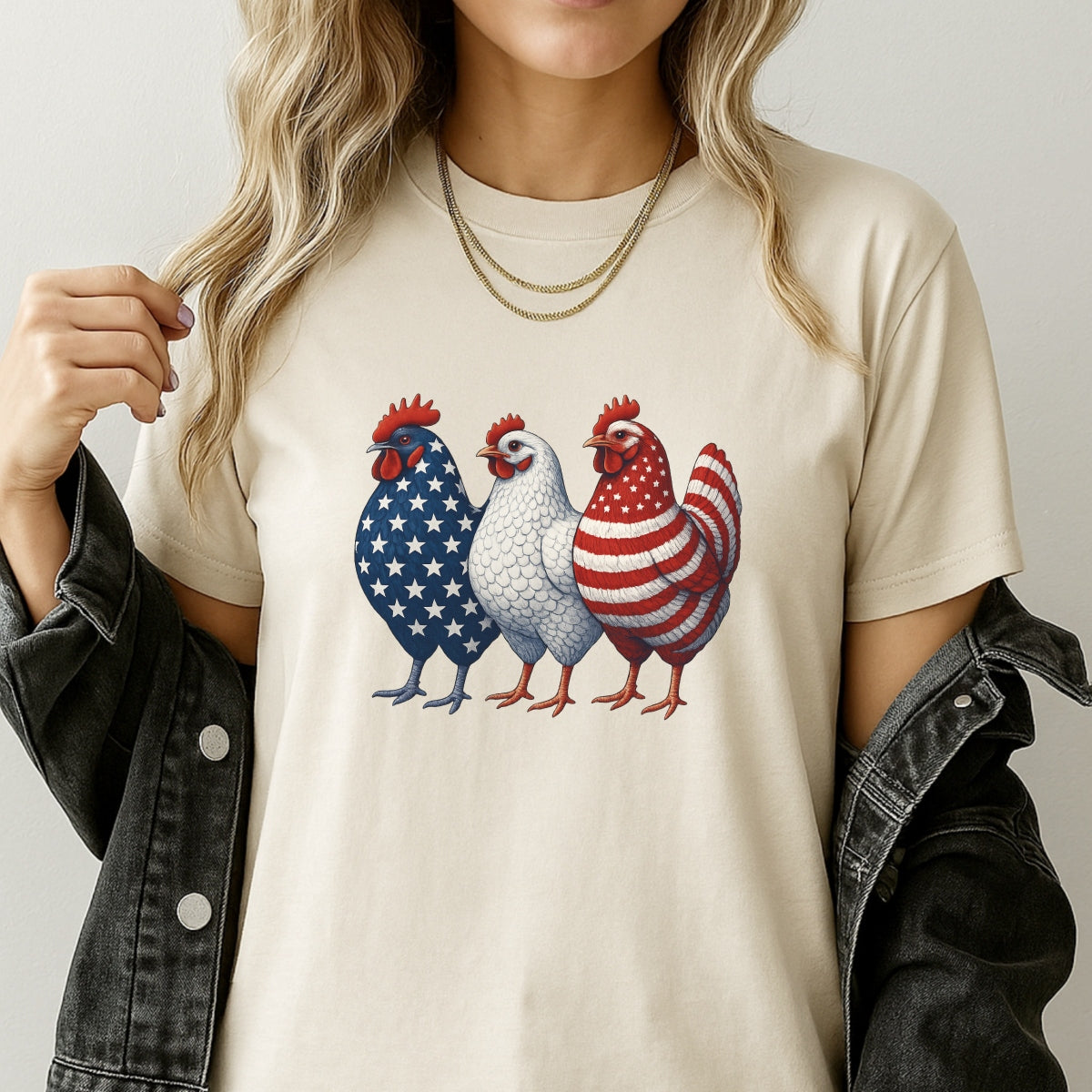 DTF Heat Transfer Iron On Sticker, Patriotic Chicken USA Flag Graphic, for 4th of July Apparel and Independence Day Decor