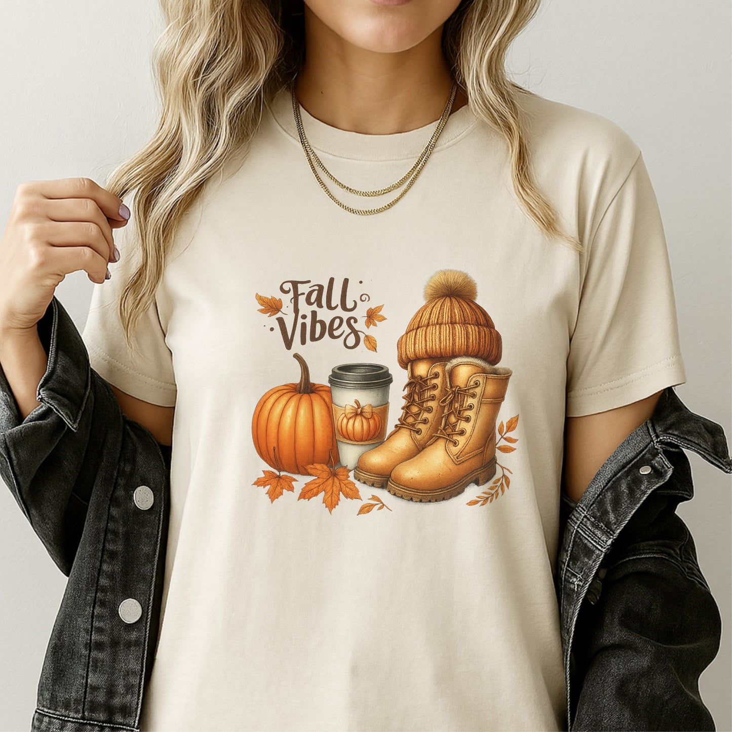 DTF Heat Transfer Iron On Sticker, Fall Vibes with Pumpkin, Boots & Coffee Design, for Autumn, Themed Apparel & Seasonal Decor