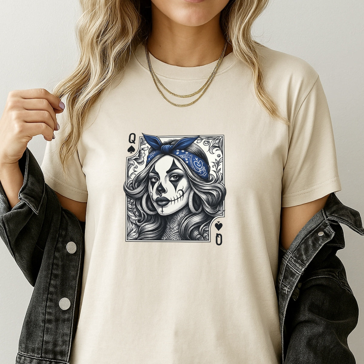 DTF Heat Transfer Iron On Sticker, Tattoo Style Queen Of Spades Graphic, For Edgy Apparel And Tattoo Art Decor