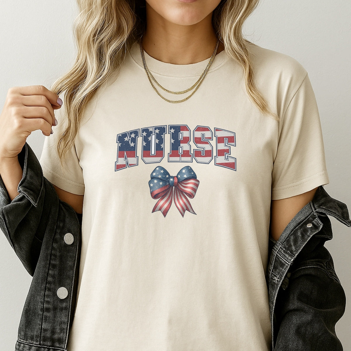 DTF Heat Transfer Iron On Sticker, Patriotic Nurse American Flag Bow Design, for Nurse Apparel and Patriotic Medical Merch