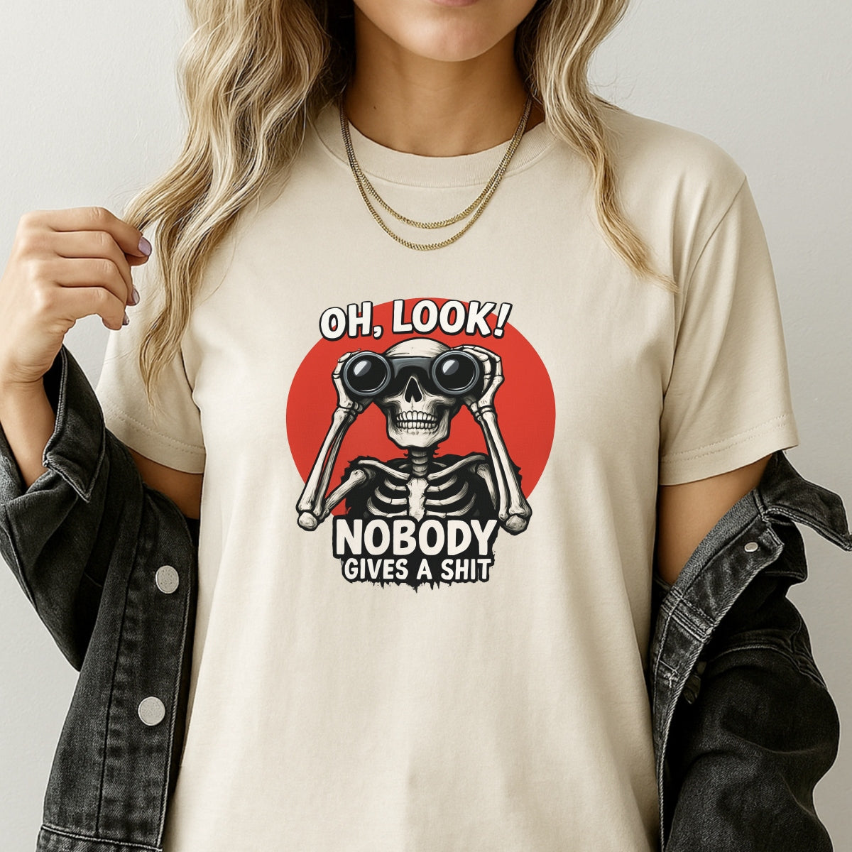 DTF Heat Transfer Iron On Sticker, Sarcastic Skull with Binoculars Graphic, for Edgy Apparel and Humor Driven Merch