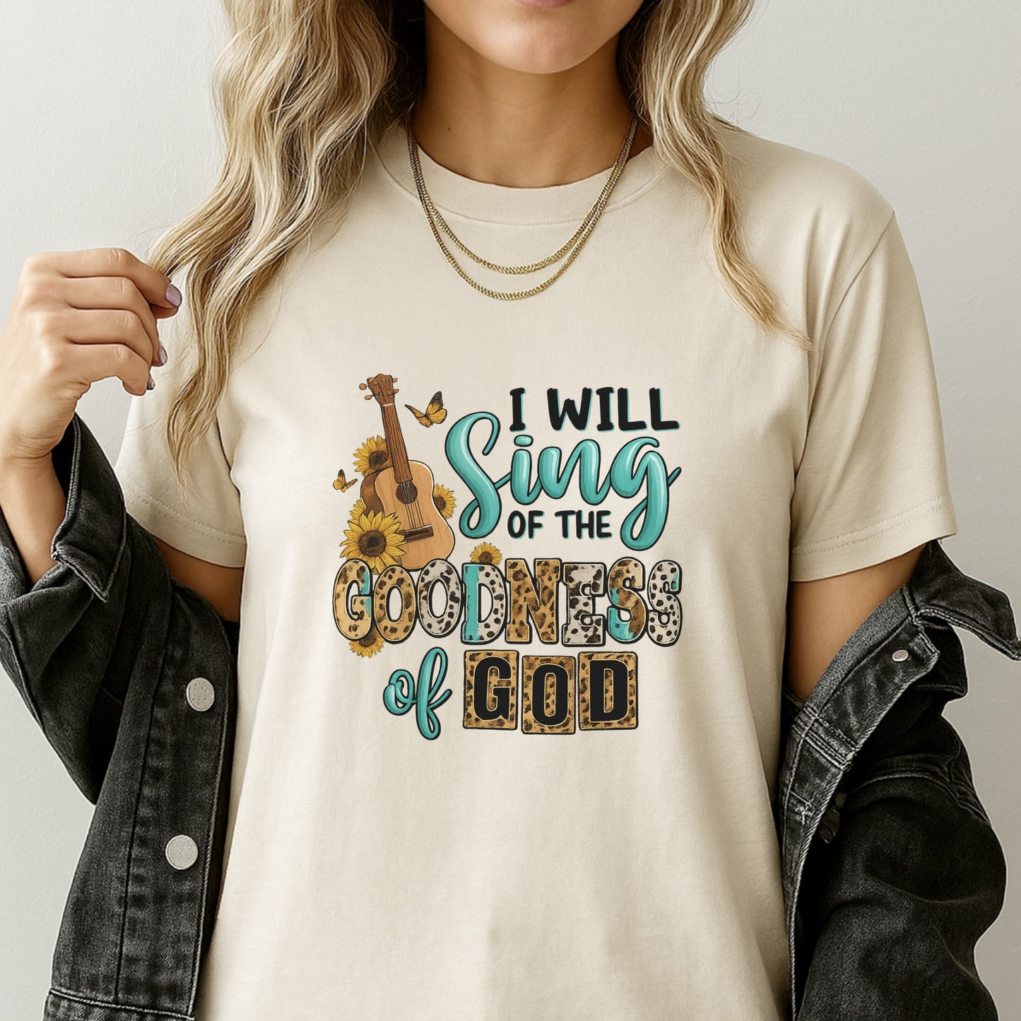 DTF Heat Transfer Iron On Sticker, Christian Praise Design with Guitar, Sunflowers & Butterflies, for Faith, Based Apparel & Worship Merch