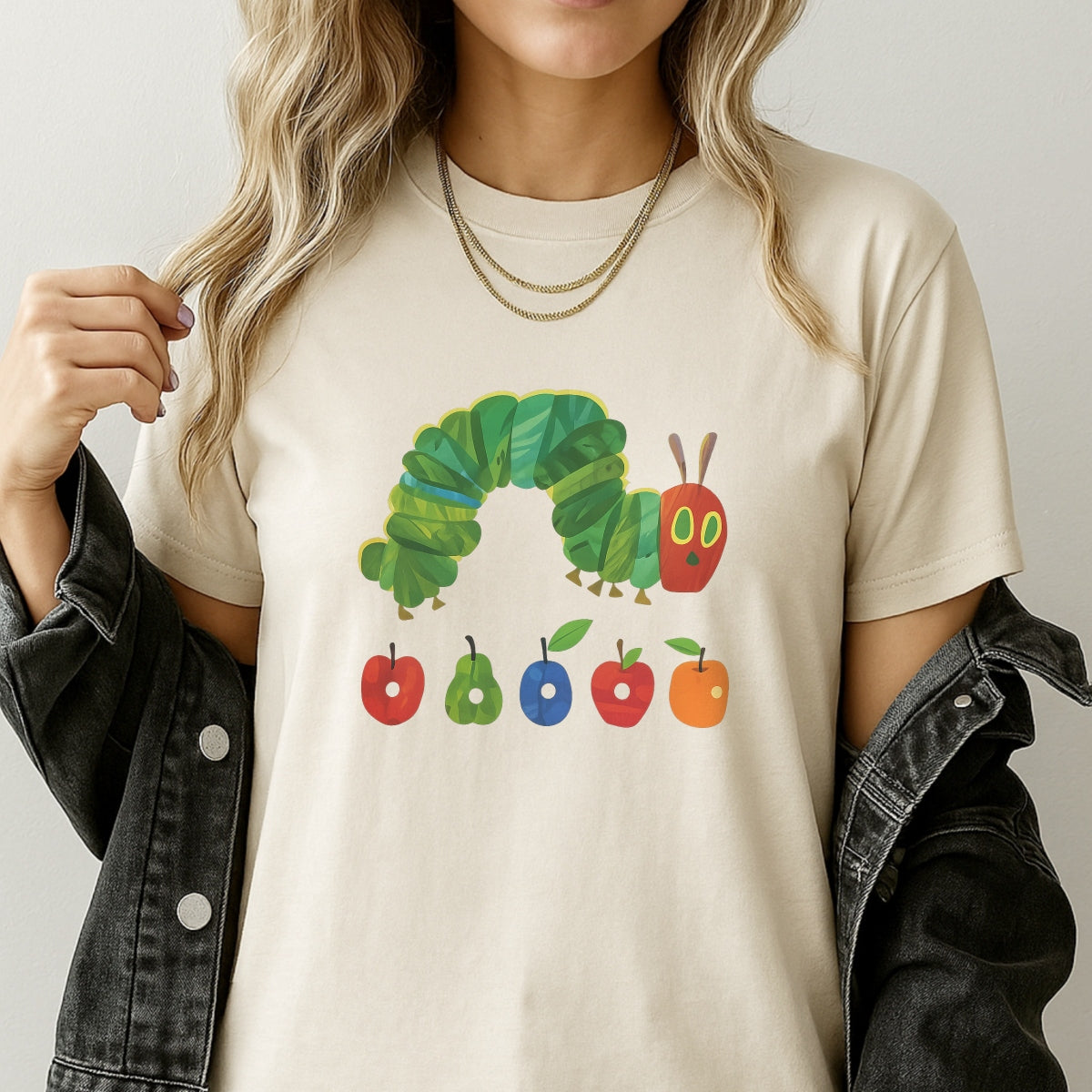 DTF Heat Transfer Iron On Sticker, Iconic Hungry Caterpillar & Fruit Graphic, for Retro Storybook Fashion & Literary Gifts