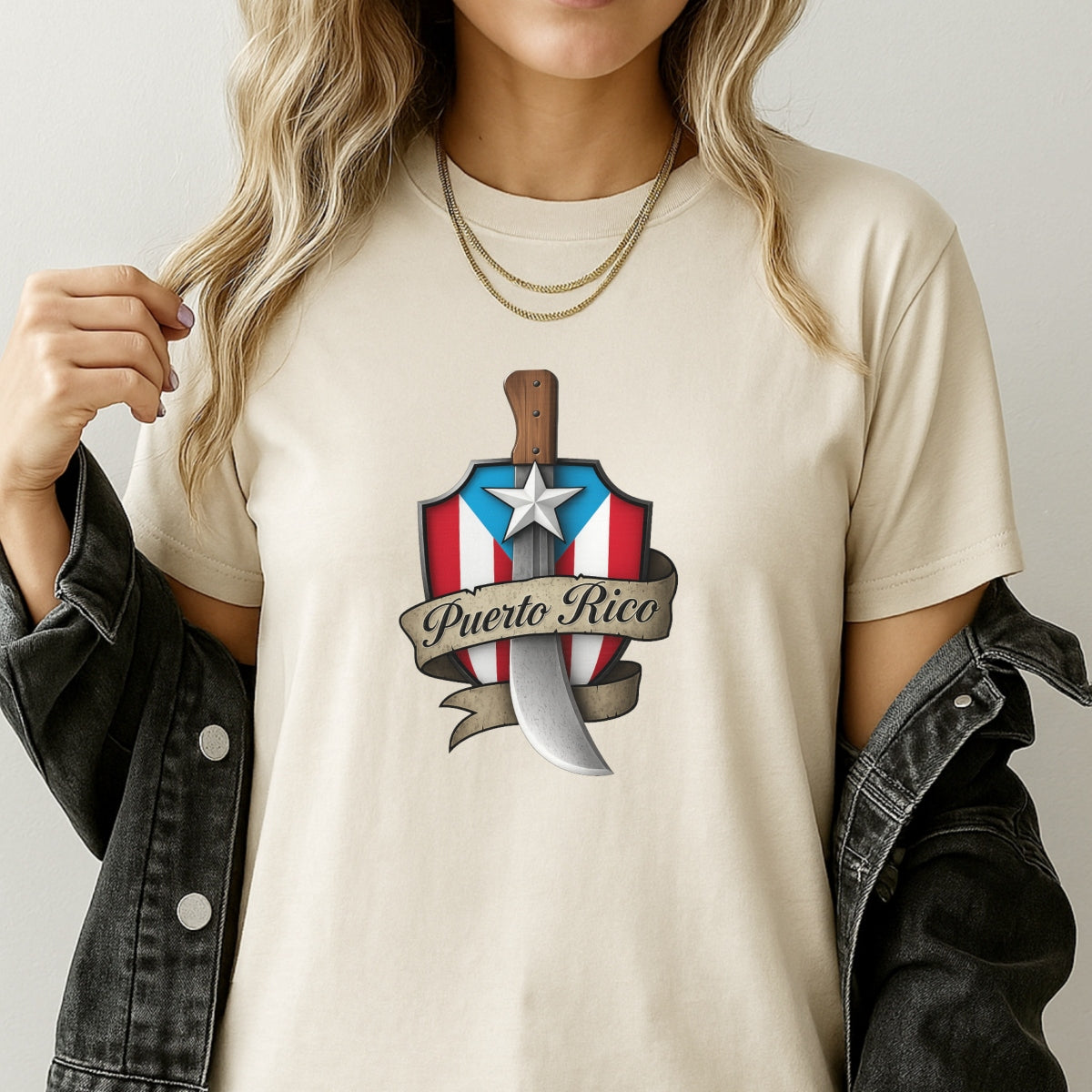 DTF Heat Transfer Iron On Sticker, Puerto Rico Shield & Machete Design, for Patriotic Apparel Decoration