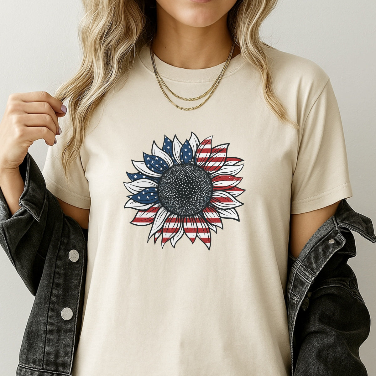 DTF Heat Transfer Iron On Sticker, Patriotic Sunflower with USA Flag Graphic, for American Themed Apparel and Festive Decor