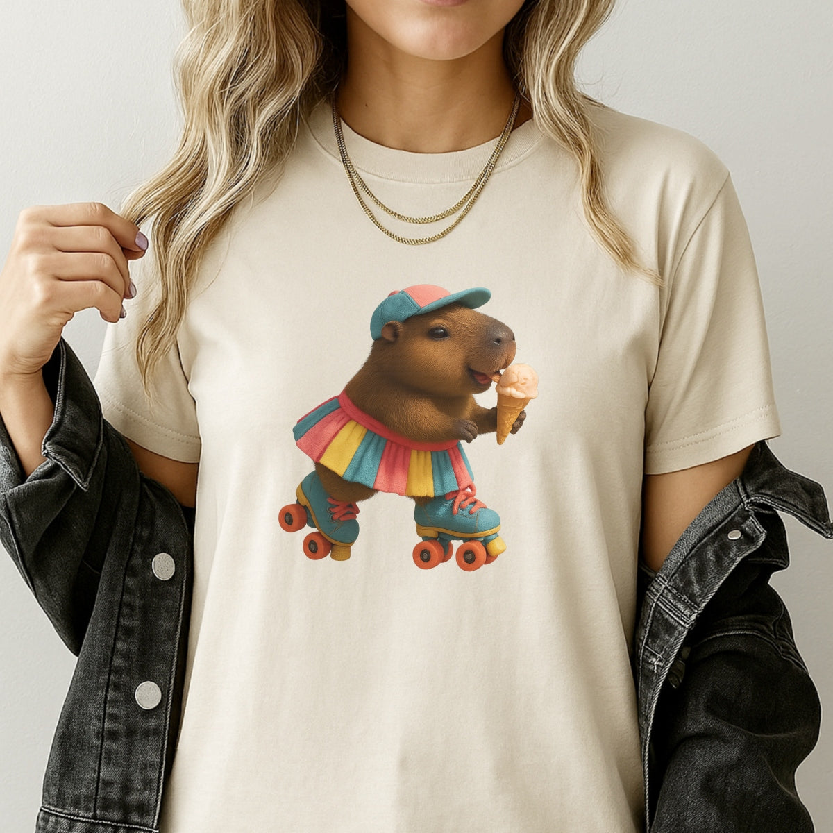 DTF Heat Transfer Iron On Sticker, Cute Capybara With Roller Skates & Ice Cream Graphic, For Fun Loving Apparel And Playful Decor