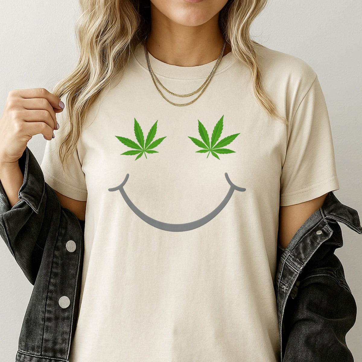 DTF Heat Transfer Iron On Sticker, Smile Face with Green Leaf Graphic, for Trendy Streetwear and Casual Fashion Decor