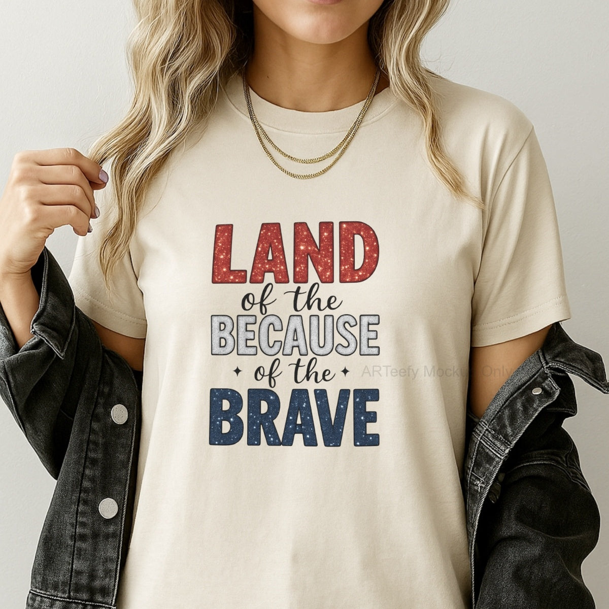 DTF Heat Transfer Iron On Sticker, Patriotic  Themed Land of the Brave Glittery Graphic, For Patriotic Apparel And National Holiday Decor