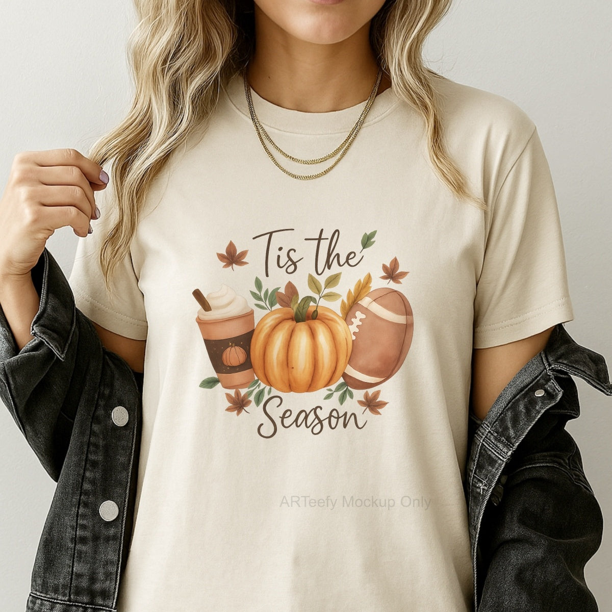 DTF Heat Transfer Iron On Sticker, Autumn Themed Pumpkin, Coffee & Football Elements with Tis the SeasonText, For Fall Inspired Apparel and Seasonal Decor