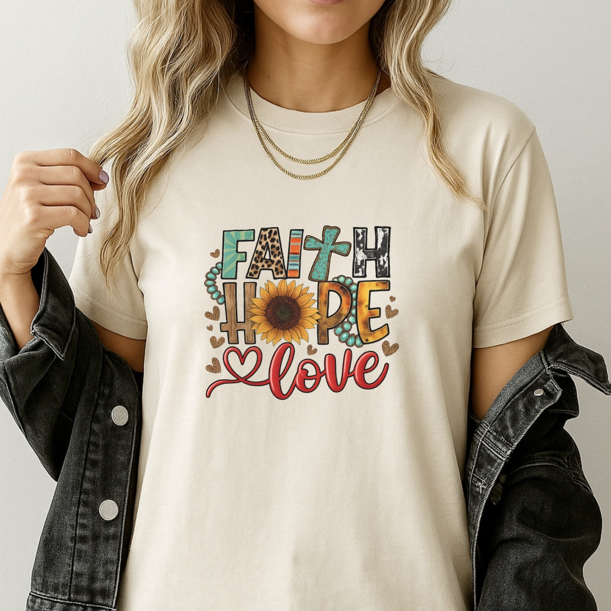 DTF Heat Transfer Iron On Sticker, Boho “Faith Hope Love” Graphic, for Spiritual Apparel and Cozy Decor