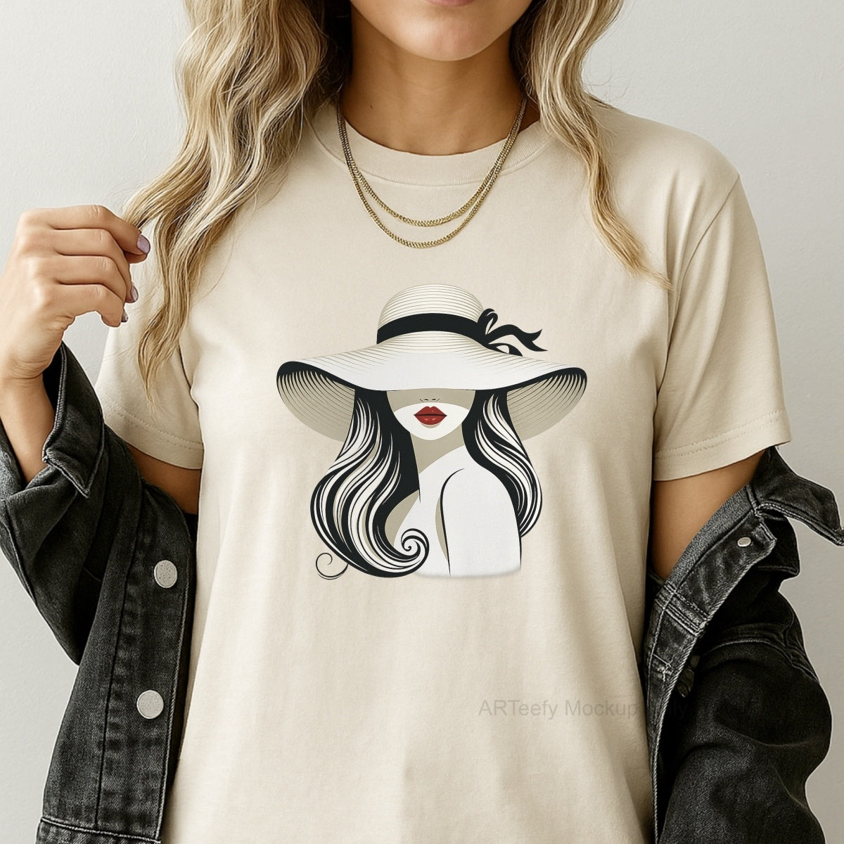 DTF Heat Transfer Iron On Sticker, Stylish Lady With Wide Brimmed Hat Graphic, For Fashion Forward Apparel And Chic Decor