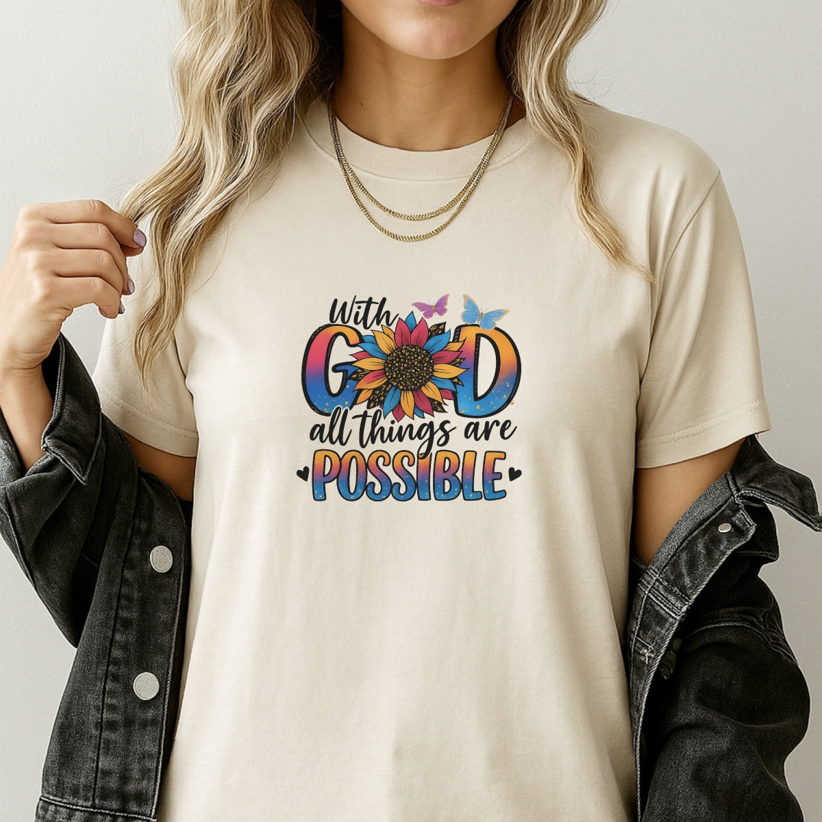 DTF Heat Transfer Iron On Sticker, Inspirational “With God” Sunflower Graphic, for Faith - Based Apparel and Uplifting Decor