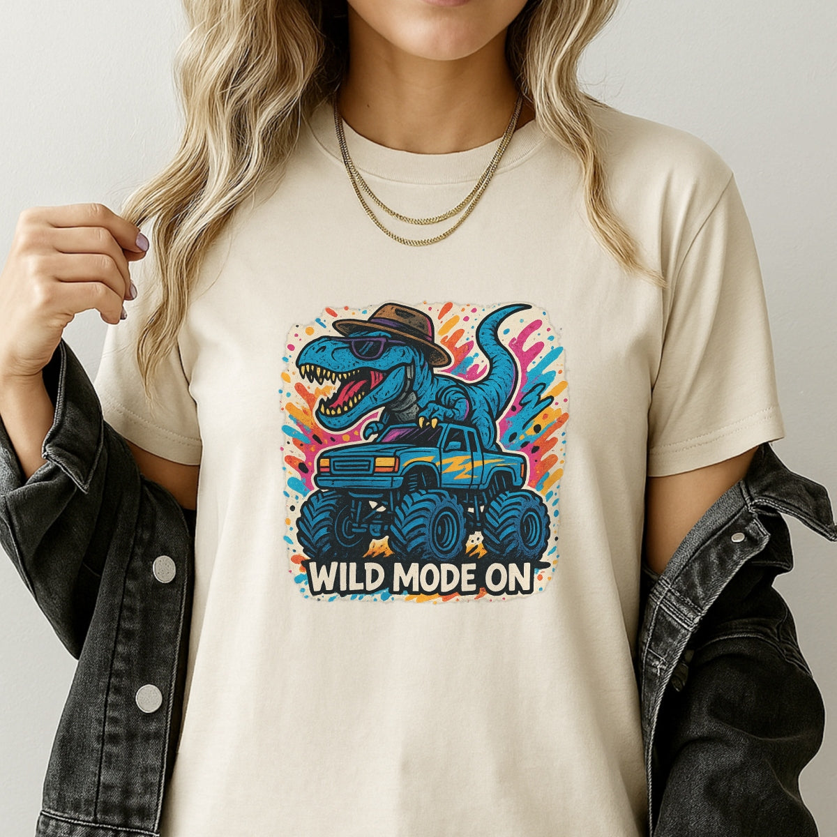 DTF Heat Transfer Iron On Sticker, Colorful Dinosaur Monster Truck Wild Mode Graphic, for Trendy Adventure Apparel and Funky Outdoor Merch