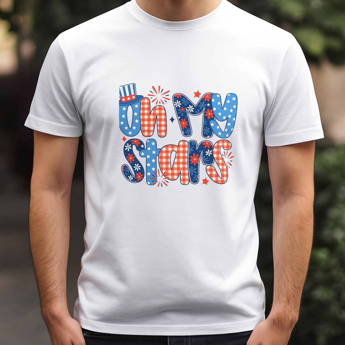 DTF Heat Transfer Iron On Sticker, Patriotic Oh My Stars Graphic, for 4th of July Apparel and Independence Day Decor