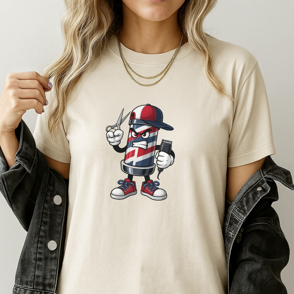 DTF Heat Transfer Iron On Sticker, Barber Pole Cartoon Character Graphic, for Barber Shop Apparel and Hairdresser Merch