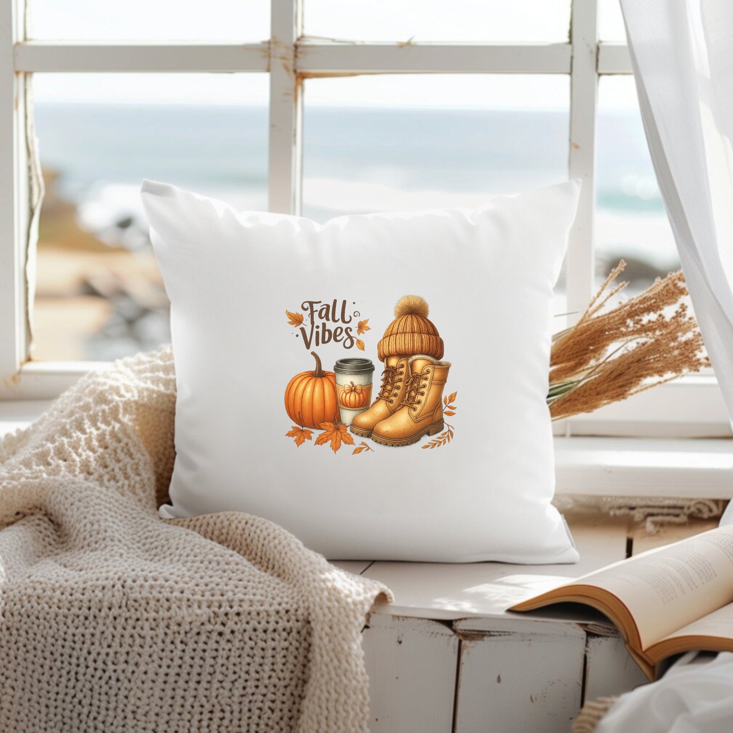 DTF Heat Transfer Iron On Sticker, Fall Vibes with Pumpkin, Boots & Coffee Design, for Autumn, Themed Apparel & Seasonal Decor