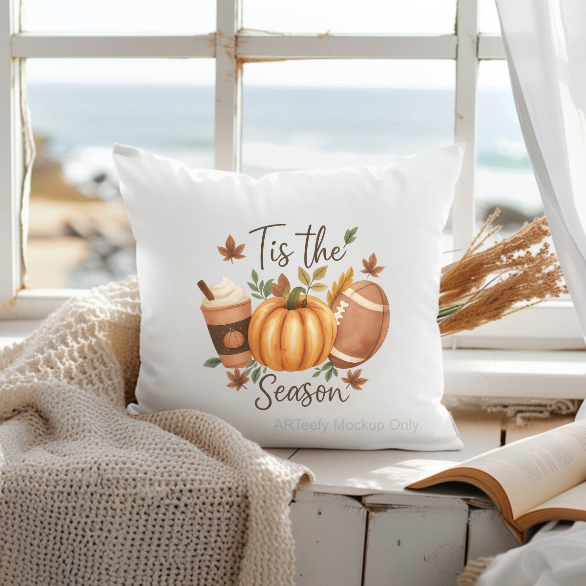 DTF Heat Transfer Iron On Sticker, Autumn Themed Pumpkin, Coffee & Football Elements with Tis the SeasonText, For Fall Inspired Apparel and Seasonal Decor