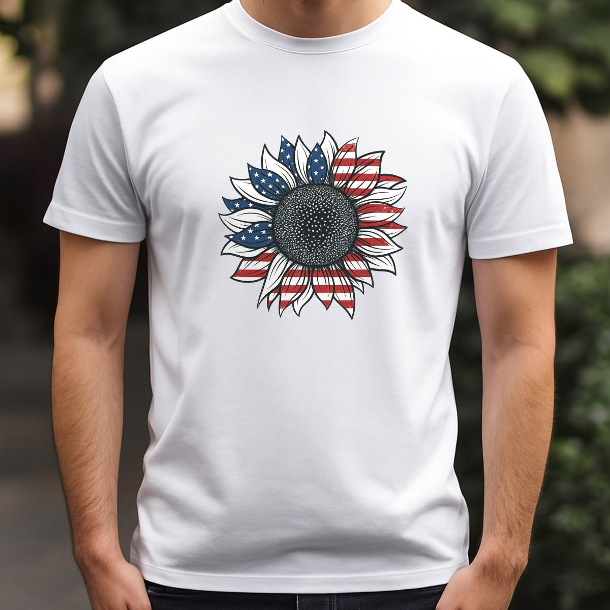 DTF Heat Transfer Iron On Sticker, Patriotic Sunflower with USA Flag Graphic, for American Themed Apparel and Festive Decor
