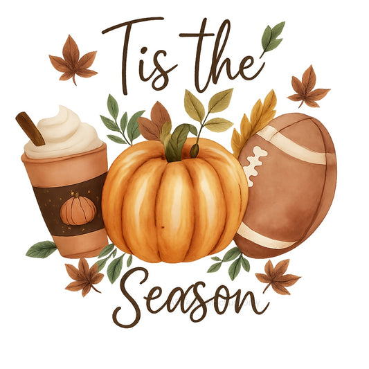 DTF Heat Transfer Iron On Sticker, Autumn Themed Pumpkin, Coffee & Football Elements with Tis the SeasonText, For Fall Inspired Apparel and Seasonal Decor