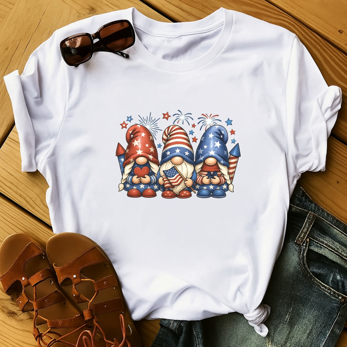 DTF Heat Transfer Iron On Sticker, Patriotic Gnome 4th of July Graphic, for Independence Day Apparel and Celebration Decor