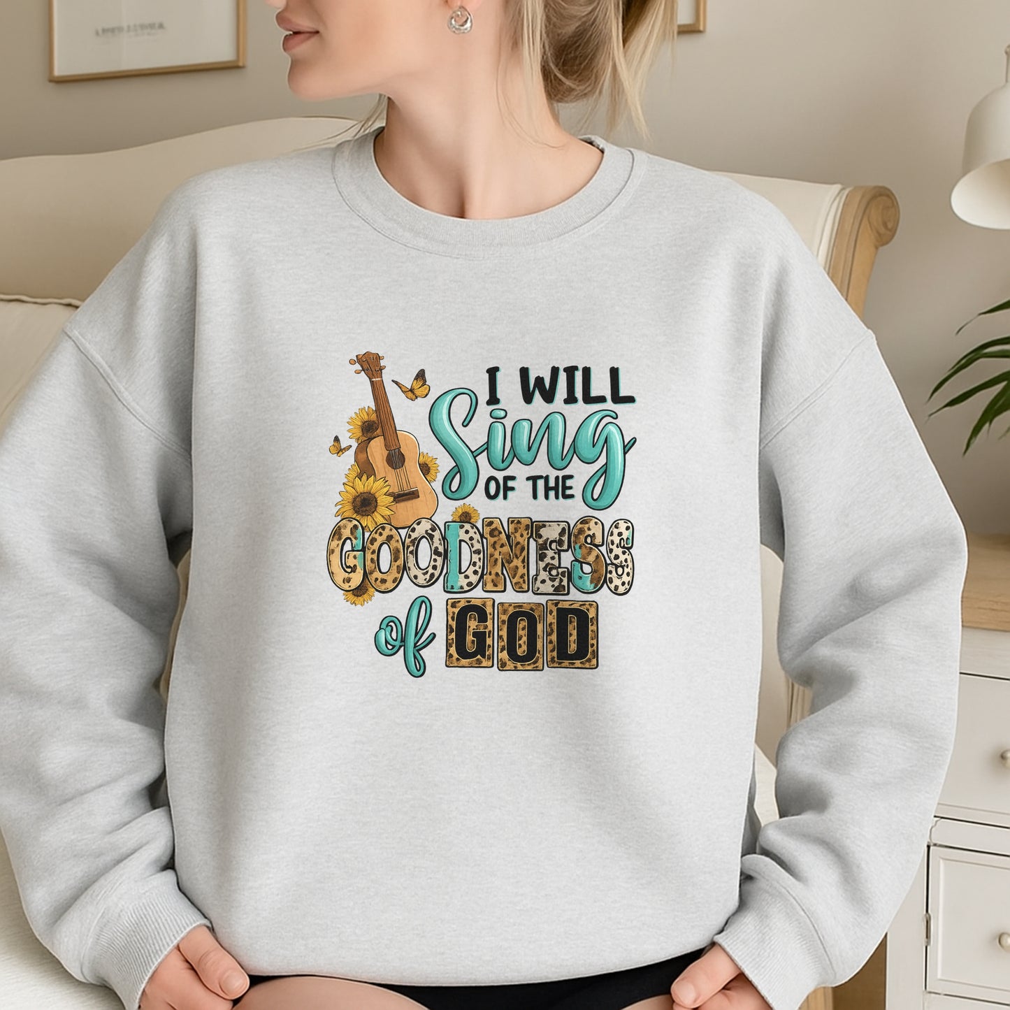 DTF Heat Transfer Iron On Sticker, Christian Praise Design with Guitar, Sunflowers & Butterflies, for Faith, Based Apparel & Worship Merch