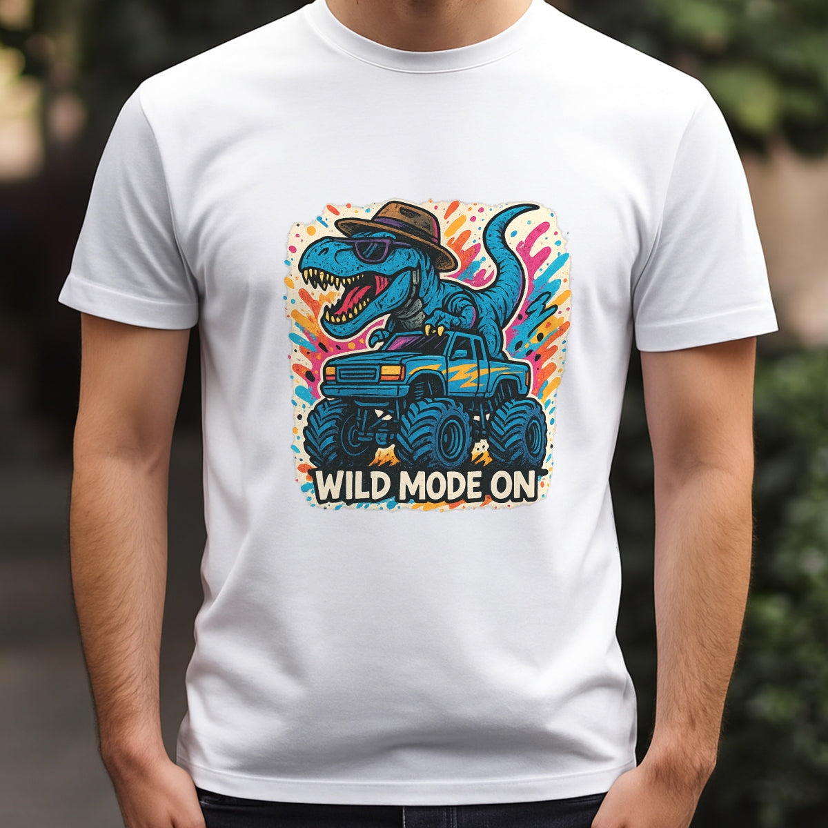 DTF Heat Transfer Iron On Sticker, Colorful Dinosaur Monster Truck Wild Mode Graphic, for Trendy Adventure Apparel and Funky Outdoor Merch