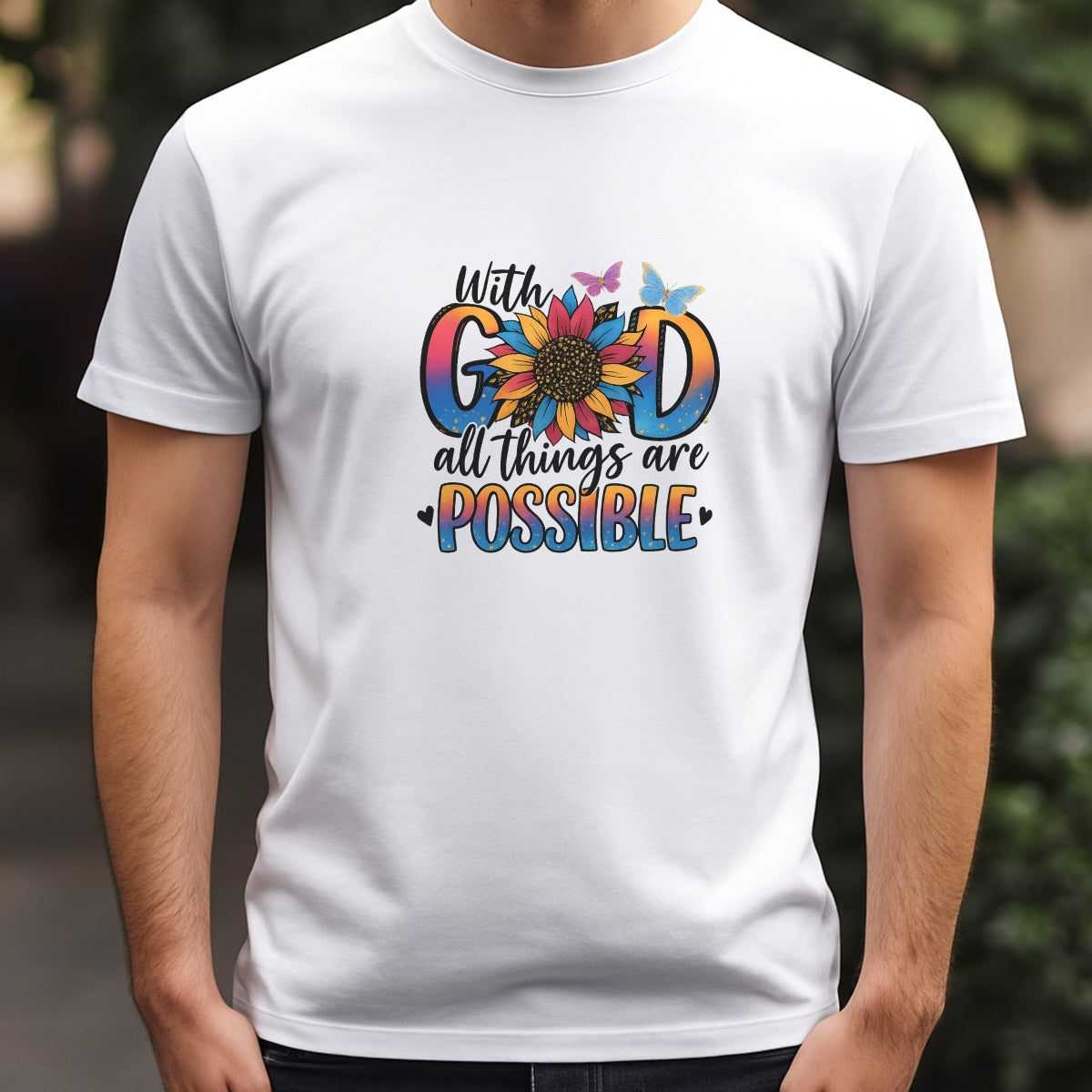 DTF Heat Transfer Iron On Sticker, Inspirational “With God” Sunflower Graphic, for Faith - Based Apparel and Uplifting Decor