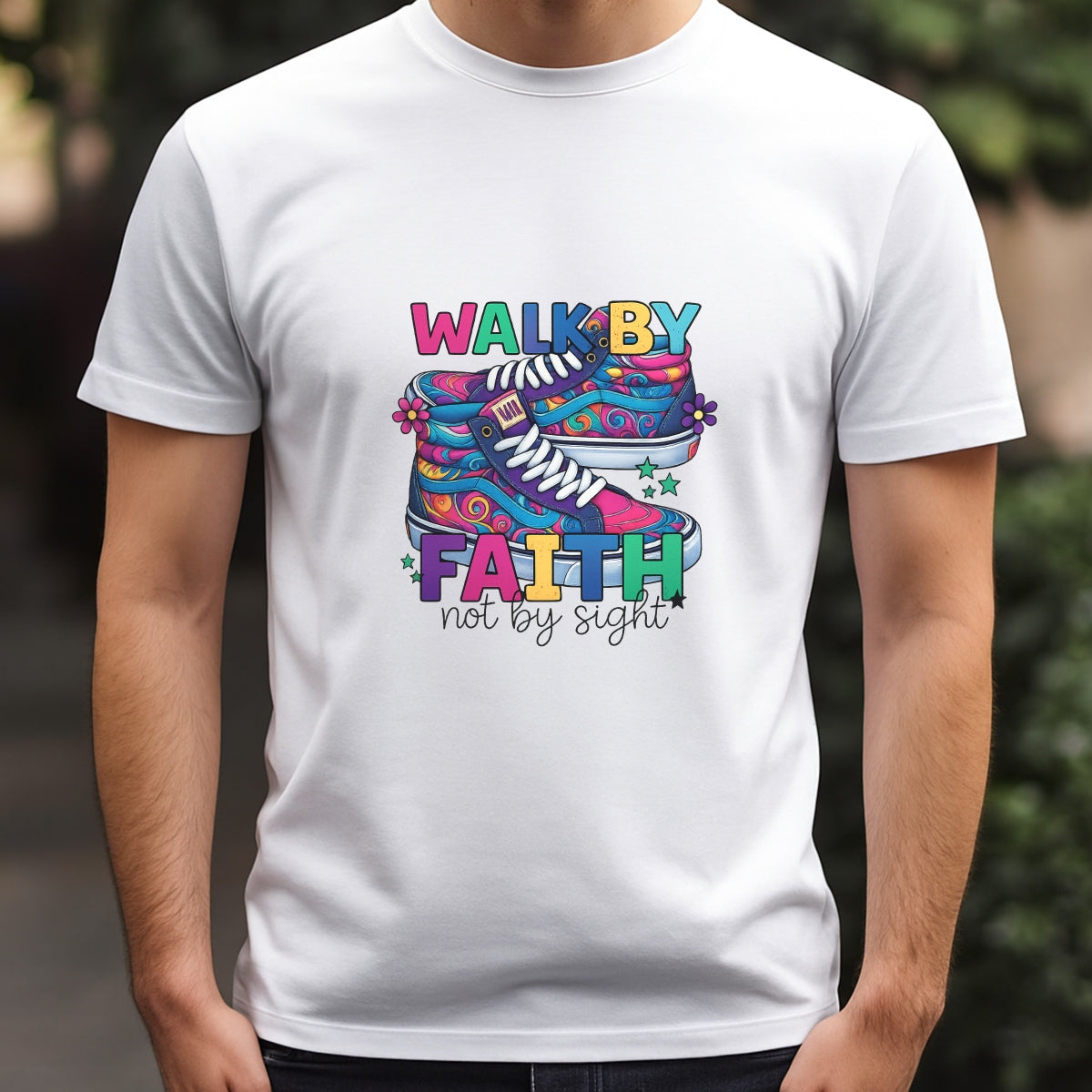 DTF Heat Transfer Iron On Sticker, Groovy Faith - Inspired Sneaker Graphic, for Spiritual Apparel and Fun Decor