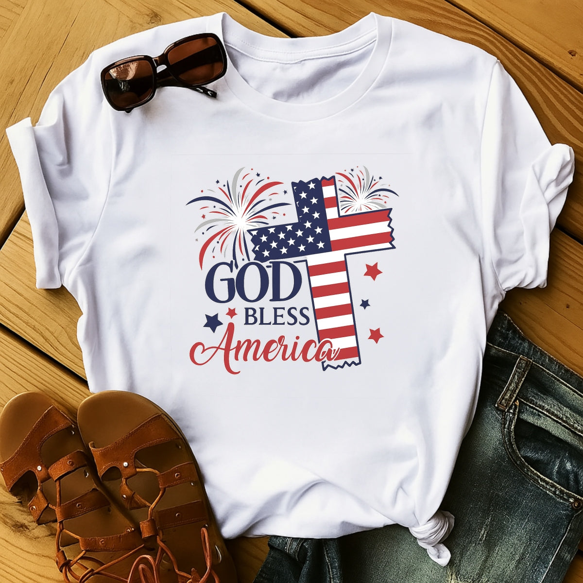 DTF Heat Transfer Iron On Sticker, Patriotic God Bless America Graphic, for 4th of July Apparel and Independence Day Decor