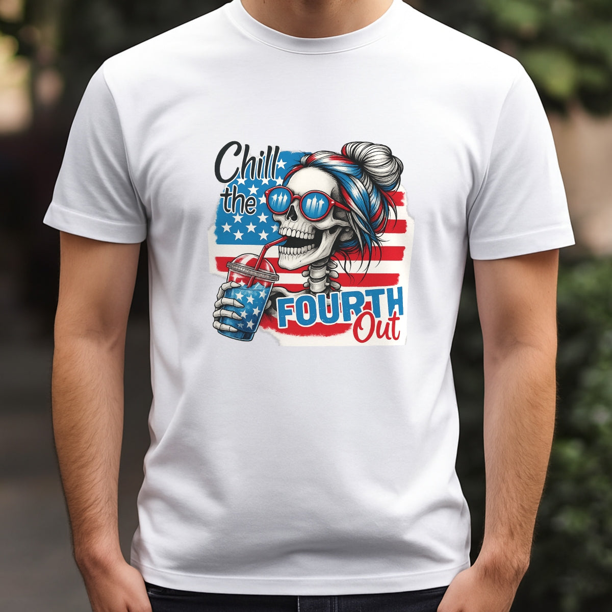 DTF Heat Transfer Iron On Sticker, Patriotic Skull Fourth of July Graphic, for Independence Day Apparel and Summer Celebration Merch