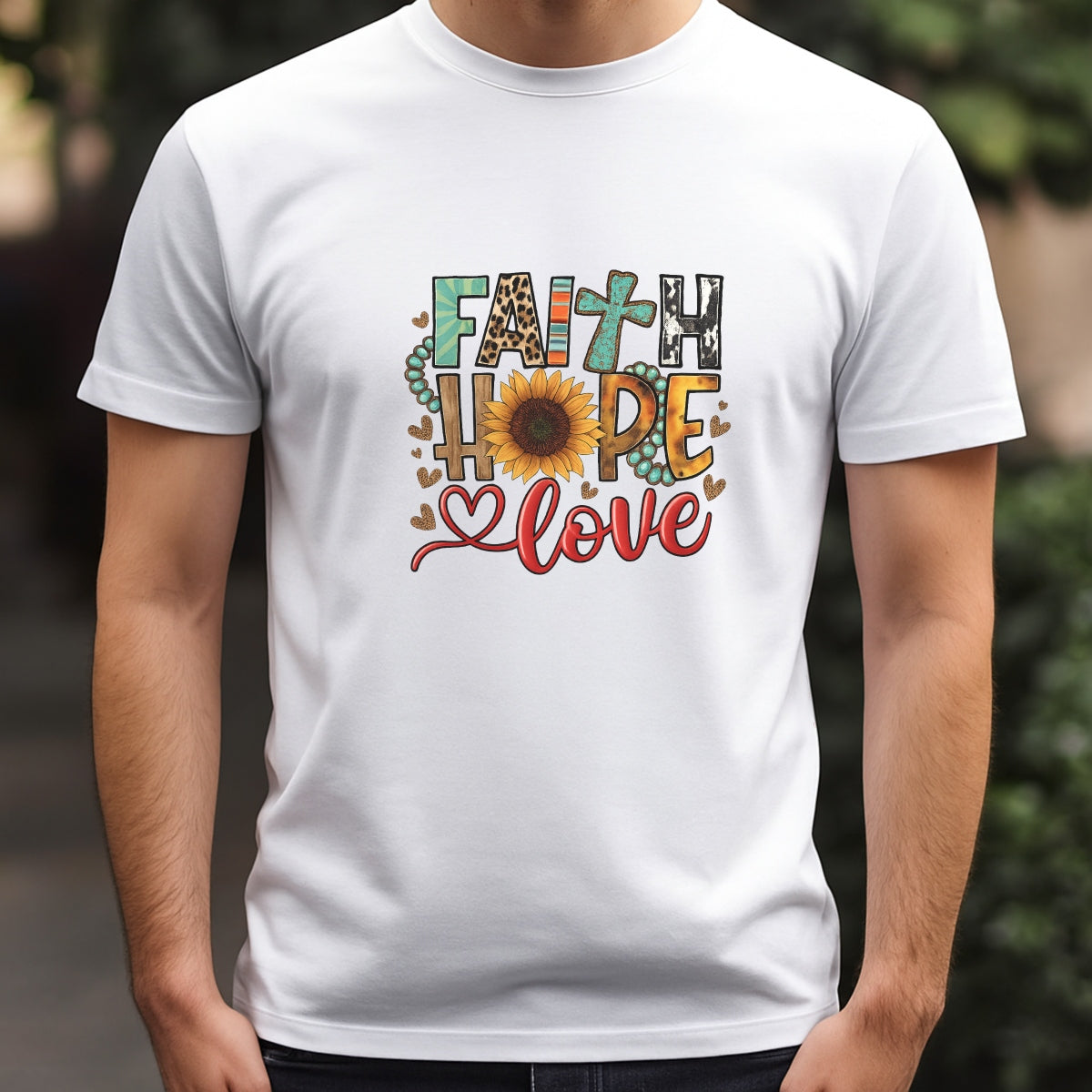 DTF Heat Transfer Iron On Sticker, Boho “Faith Hope Love” Graphic, for Spiritual Apparel and Cozy Decor