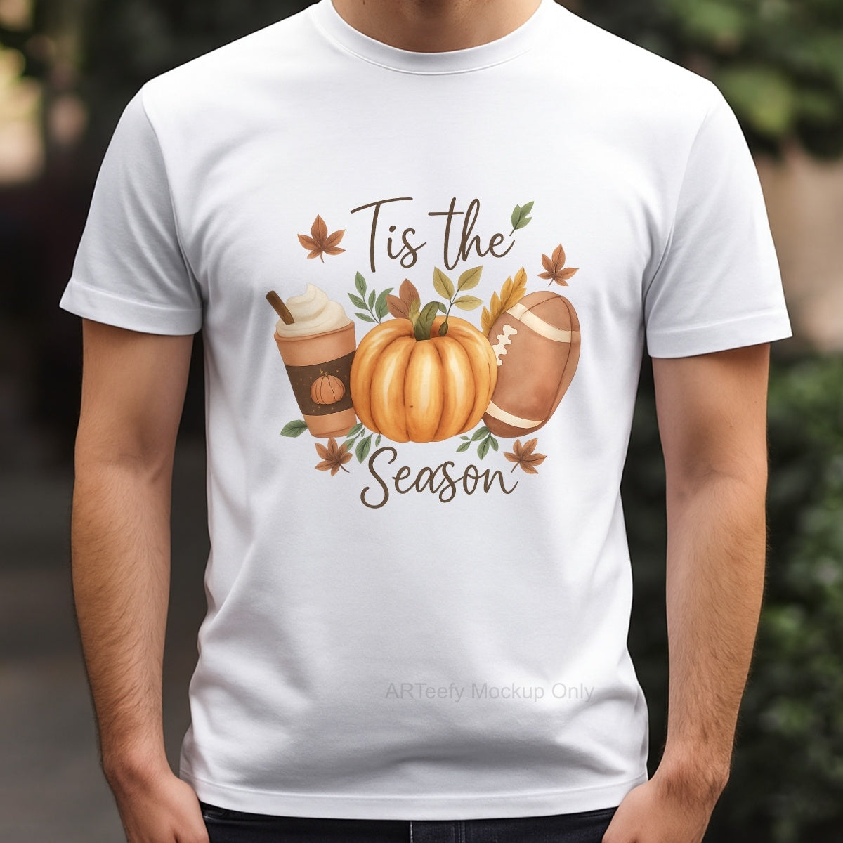 DTF Heat Transfer Iron On Sticker, Autumn Themed Pumpkin, Coffee & Football Elements with Tis the SeasonText, For Fall Inspired Apparel and Seasonal Decor