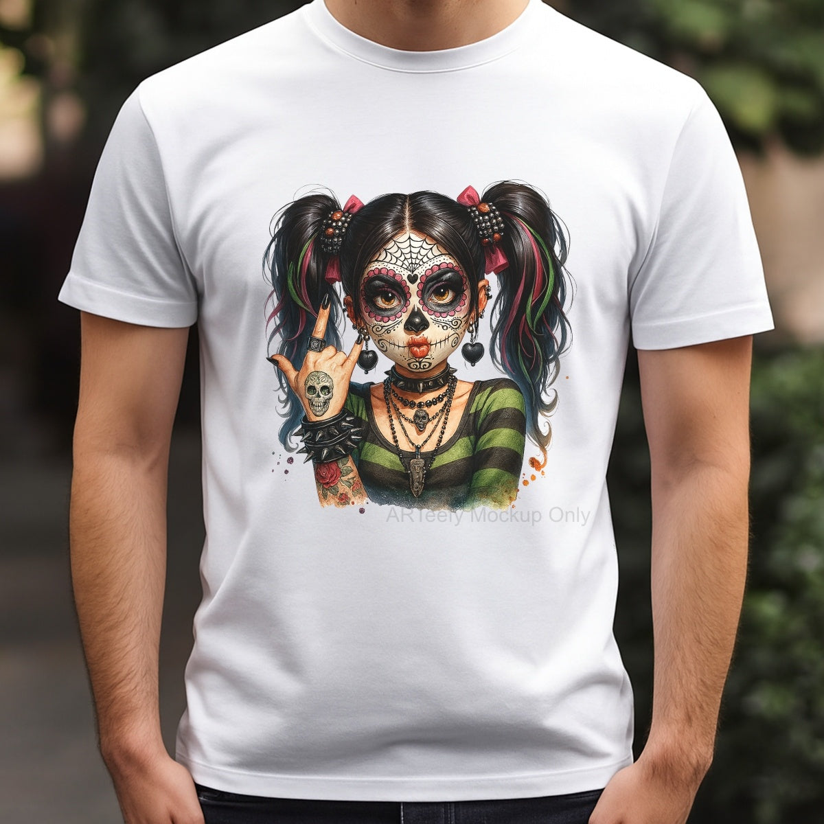 DTF Heat Transfer Iron On Sticker, Halloween Themed Stylish Sugar Skull Girl Elements, For Spooky Season Edgy Apparel and Halloween Party Decor